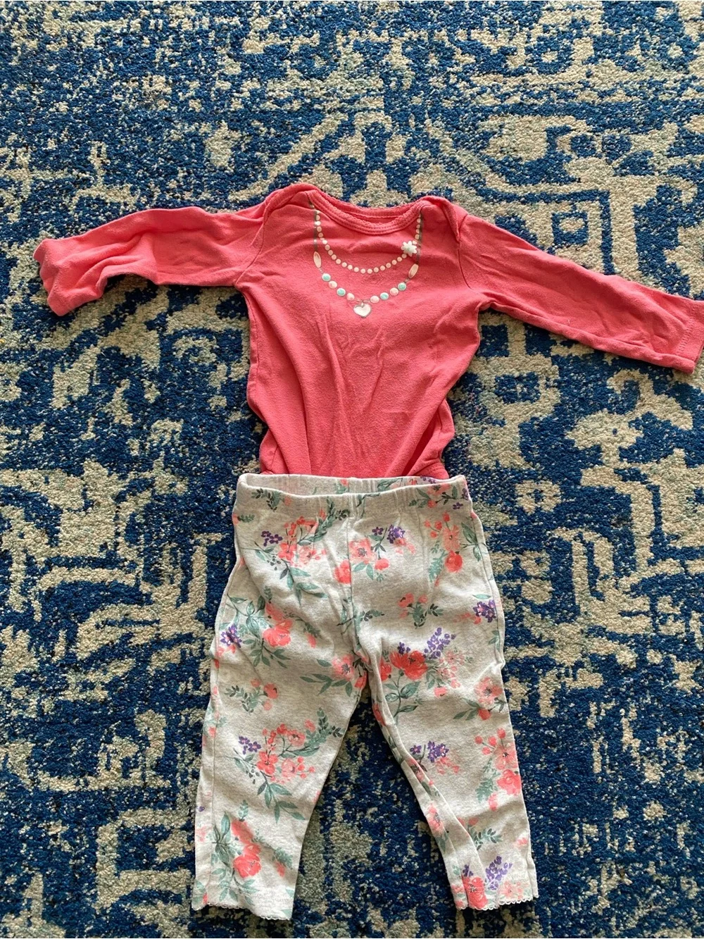Coral Long-Sleeve Bodysuit with Floral Leggings